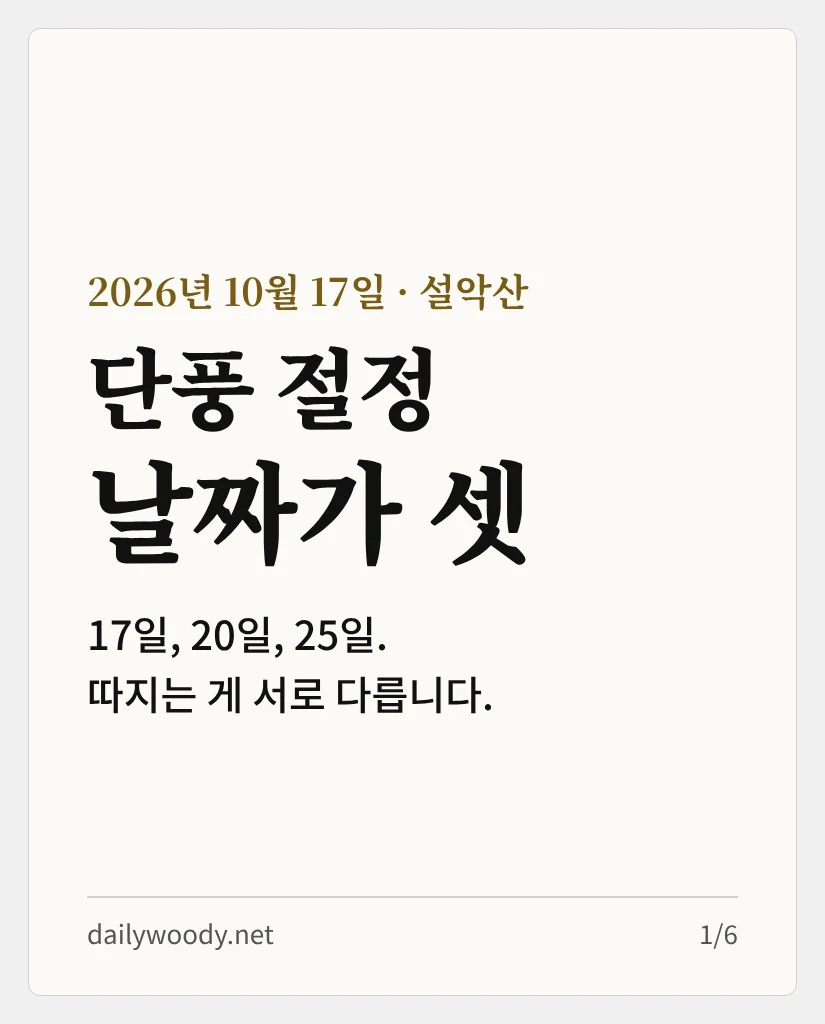 설악산 단풍 절정 날짜가 셋 — 17일, 20일, 25일 (카드 1/6)