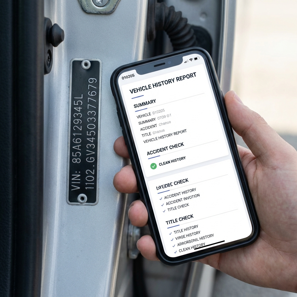 Close up of vehicle VIN plate with hand holding smartphone showing vehicle history report clean white background blue accents minimal layout repossessed cars for sale