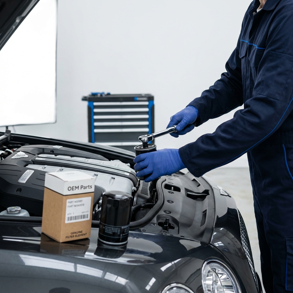 Technician replacing oil filter on a Bentley Bentayga in a clean well lit workshop with OEM oil filter packaging visible and CarFax Deals blue accents bentley bentayga for sale