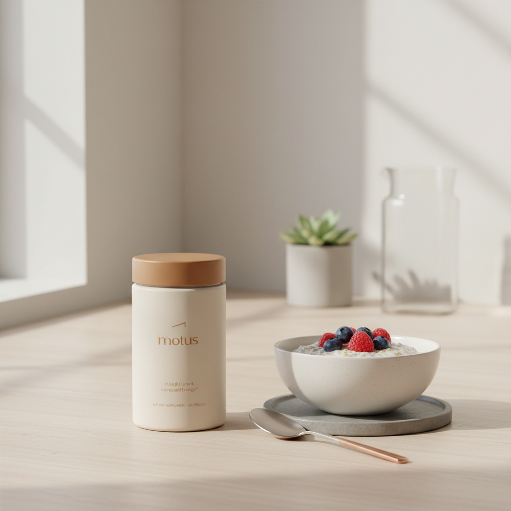 Tonum Motus supplement bottle styled on a minimalist kitchen counter with oats and berries — best supplement for losing belly fat in a calm, scientific lifestyle scene