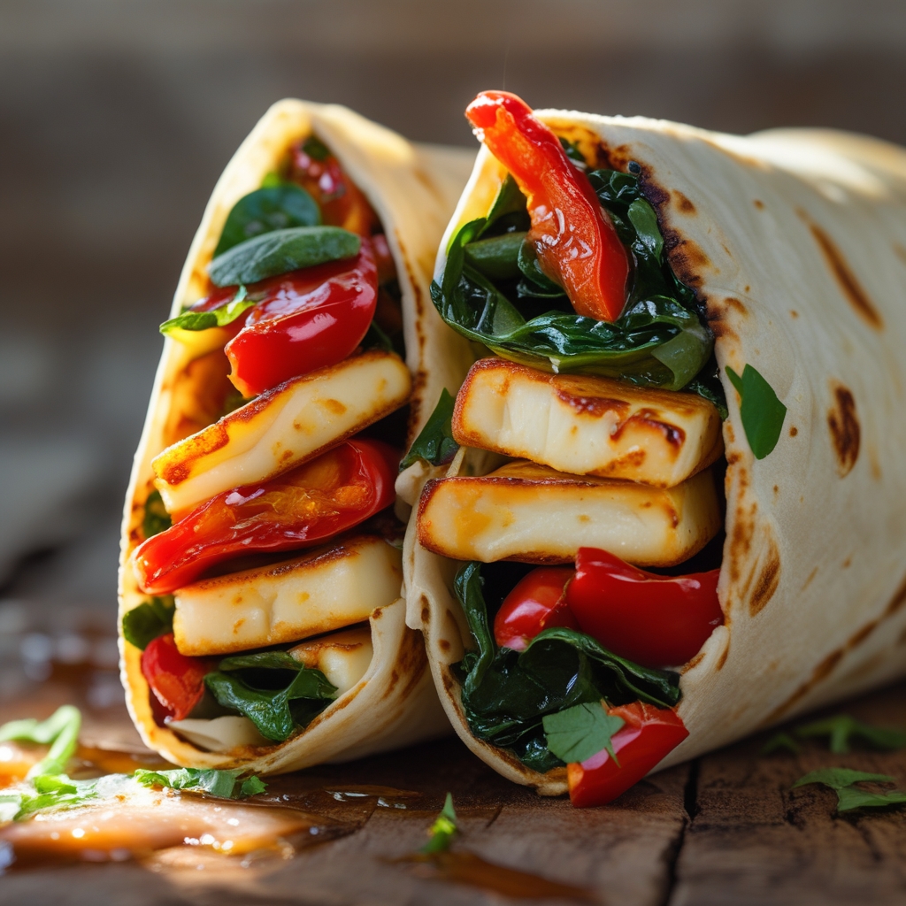 Spicy Halloumi & Roasted Red Pepper Protein Wraps with Harissa Yogurt Sauce