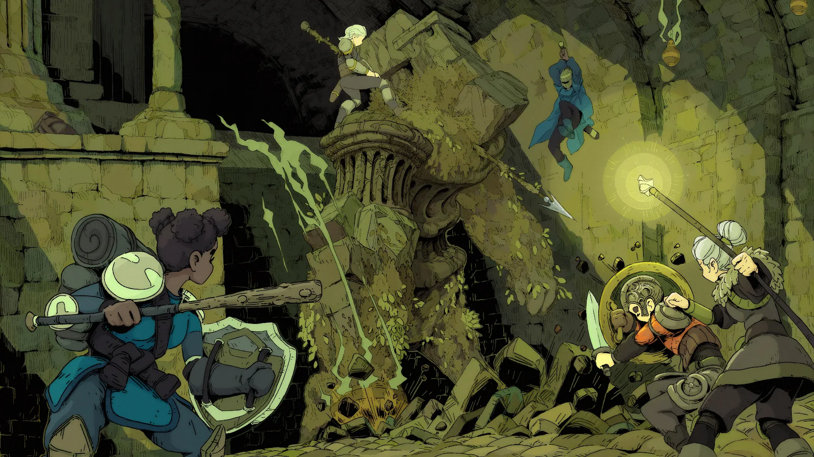 Fantasy Adventurers in Stone Ruins - Digital Illustration 4K Wallpaper (3840x2160)