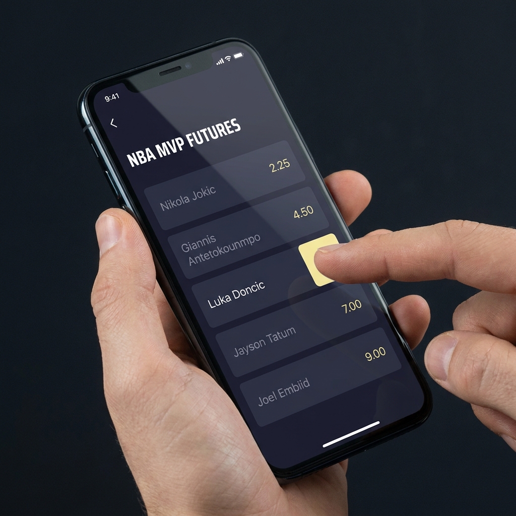Close up phone screen showing nba mvp betting futures list with finger poised to tap a candidate in minimalist dark UI using Funded Plays brand colors