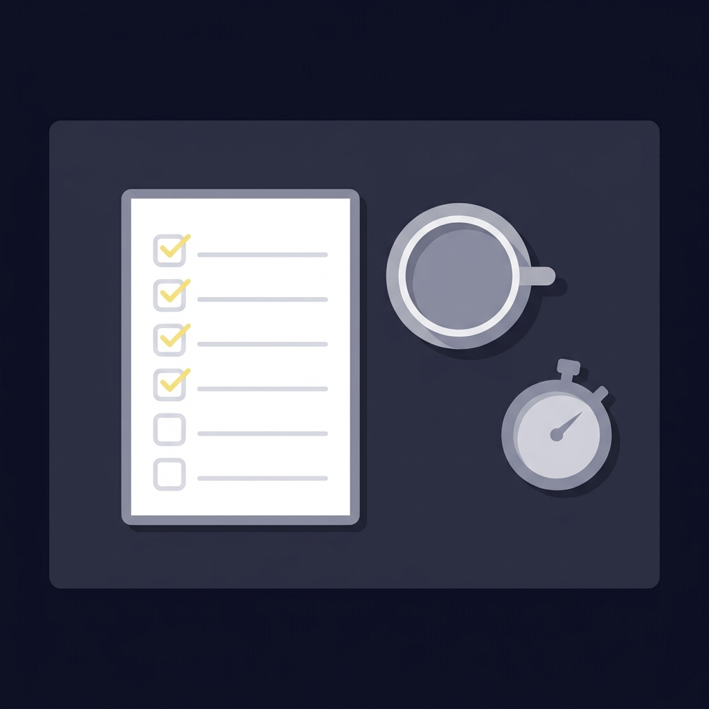 Minimalist 2D vector illustration of a printed checklist beside a coffee cup and stopwatch on a dark desk symbolizing timed breaks and structured reviews for Common Soccer Trading Mistakes