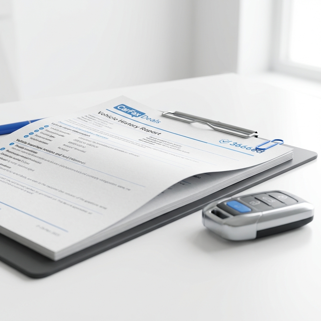 Close up vehicle history report printout beside car key and clipboard on white table minimalist scene highlighting documentation for used range rover for sale
