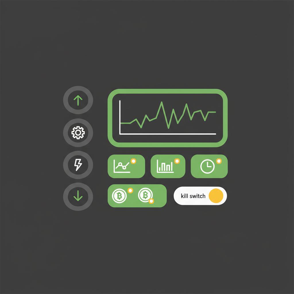 Minimal 2D vector monitoring dashboard with checklist alerts and kill switch for ai crypto trading using Finance Police colors