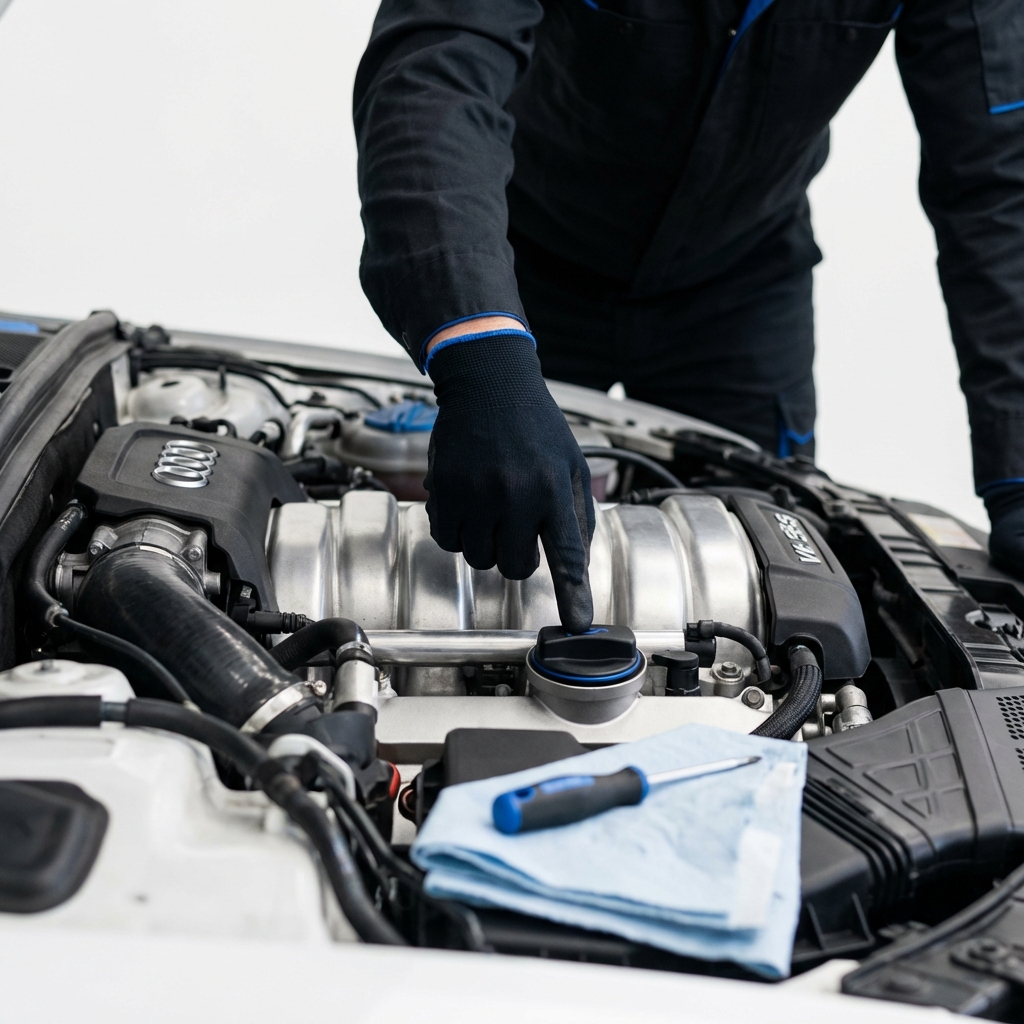Close up of Audi S5 engine bay with mechanic pointing at the oil cap showing intake and service areas perfect for an audi s5 for sale listing