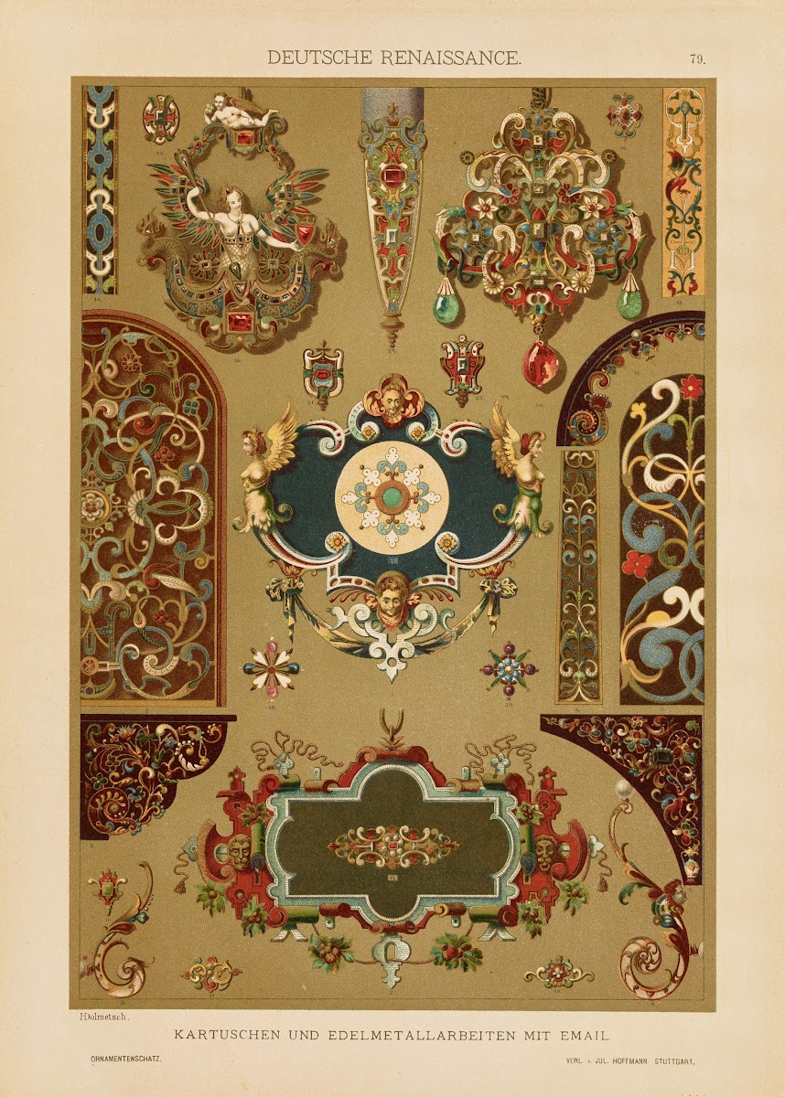 Deutsche Renaissance  Kartuschen und Edelmetallarbeiten mit Email 1887