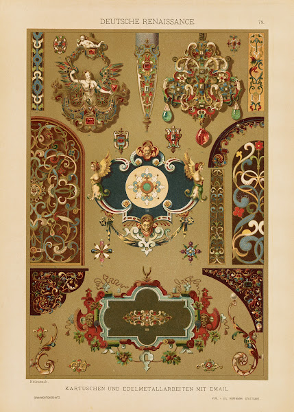 Deutsche Renaissance  Kartuschen und Edelmetallarbeiten mit Email 1887