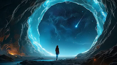 Ai Art, Illustration, Ice Cave, Shooting Stars, Women 5K Wallpaper Background