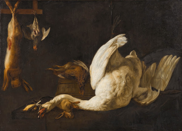 A still life of a swan suspended from a hook a hare a grey partridge a pheasant