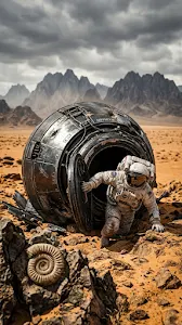 Sci-Fi Scene Featuring Crashed Space Pod and Ancient Fossil