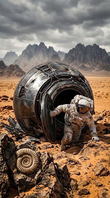 Sci-Fi Scene Featuring Crashed Space Pod and Ancient Fossil - Free mobile Wallpaper