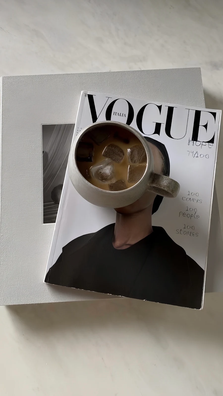 Iced Coffee On Vogue Magazine - Minimalist Still Life Full HD iPhone Wallpaper (1257x2234)