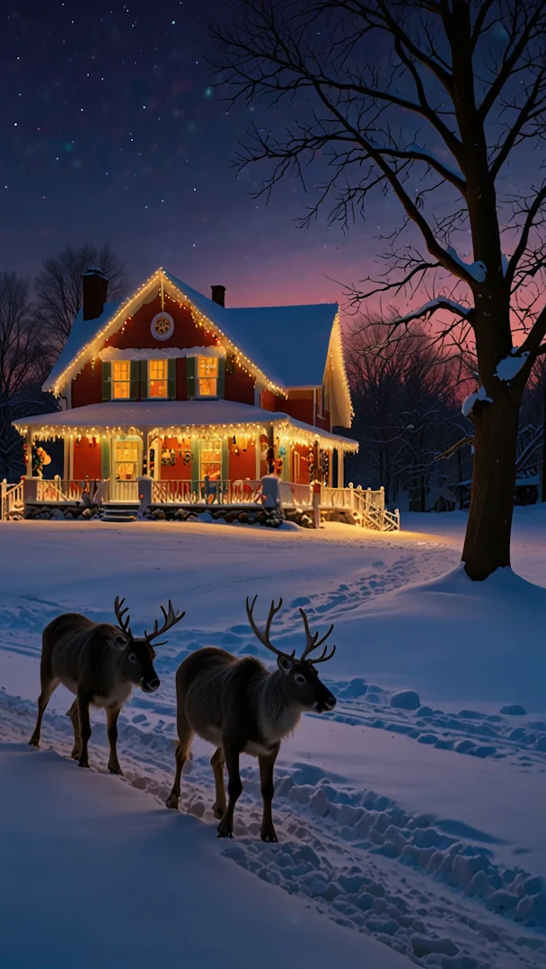 Reindeer Walking Toward Cozy Christmas House in Snow