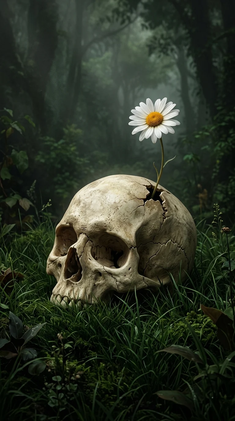 Minimalist Illustration of a White Daisy Growing out of a Human Skull - Free 4K mobile Wallpaper