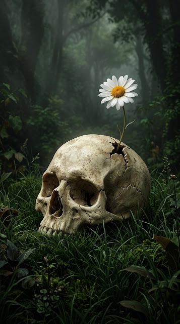 Minimalist Illustration of a White Daisy Growing out of a Human Skull - Free mobile Wallpaper