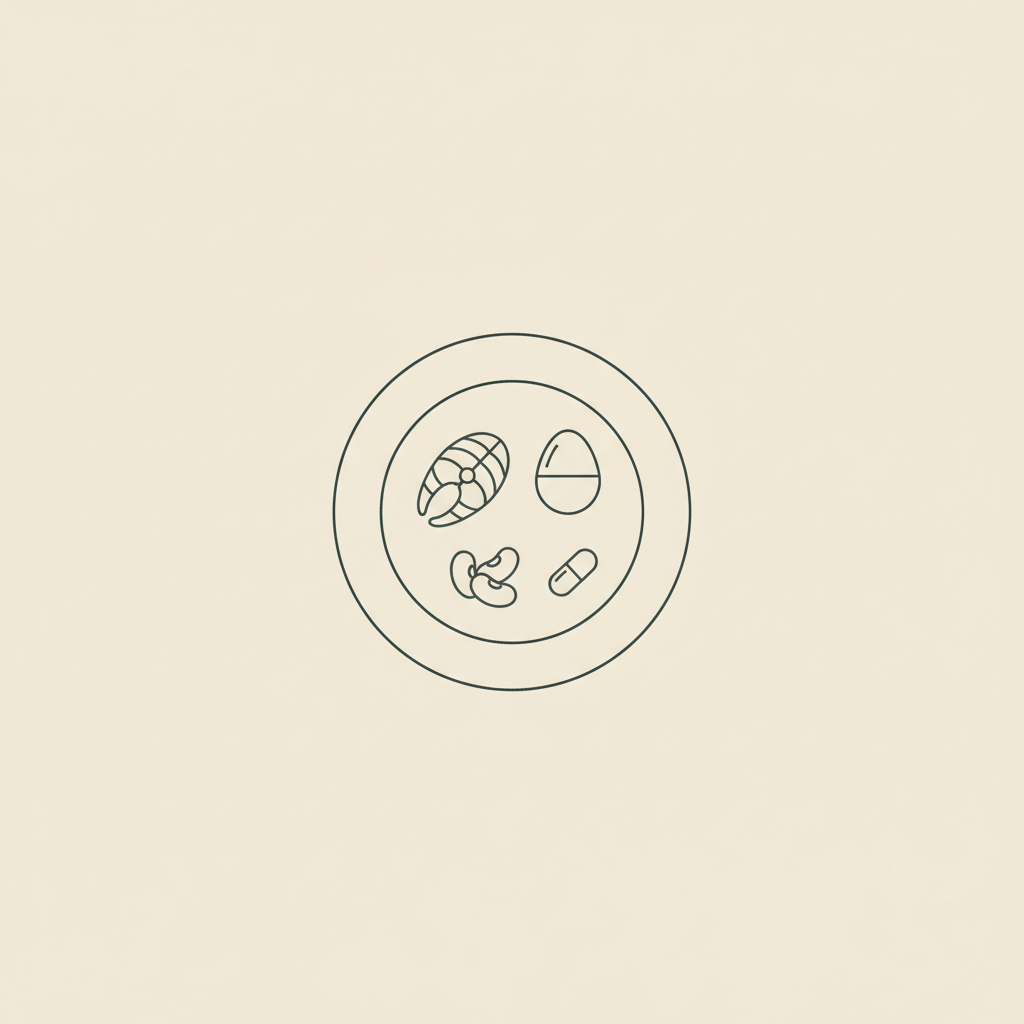 Minimalist Tonum-style line illustration of a plate with fish, egg, legumes and a small capsule on a beige background representing best vitamin for kids for the brain