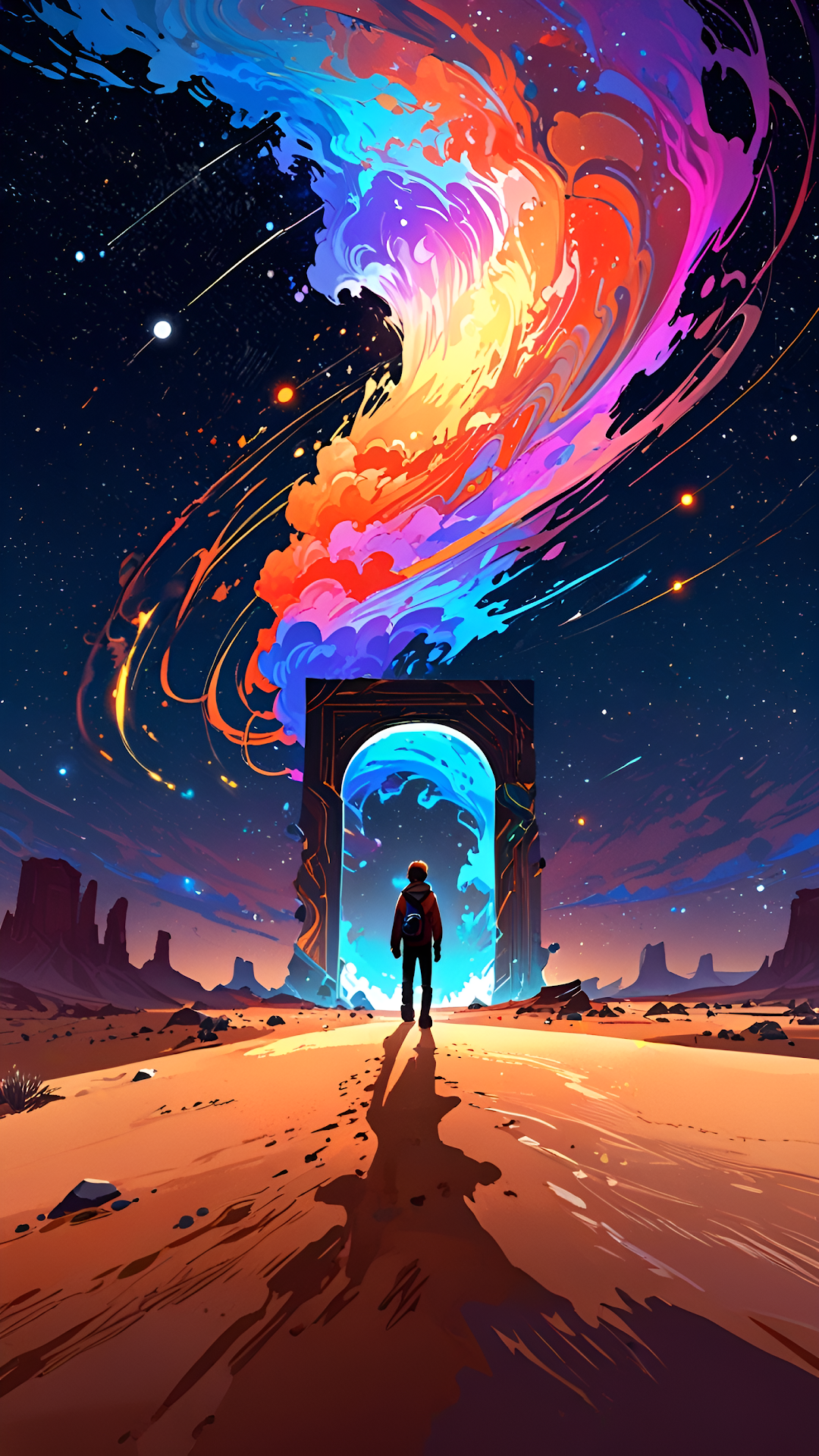 Traveler Approaching Desert Portal Rainbow Vortex Sky - Free 4K mobile Wallpaper