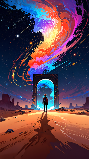 Traveler Approaching Desert Portal Rainbow Vortex Sky - Free mobile Wallpaper