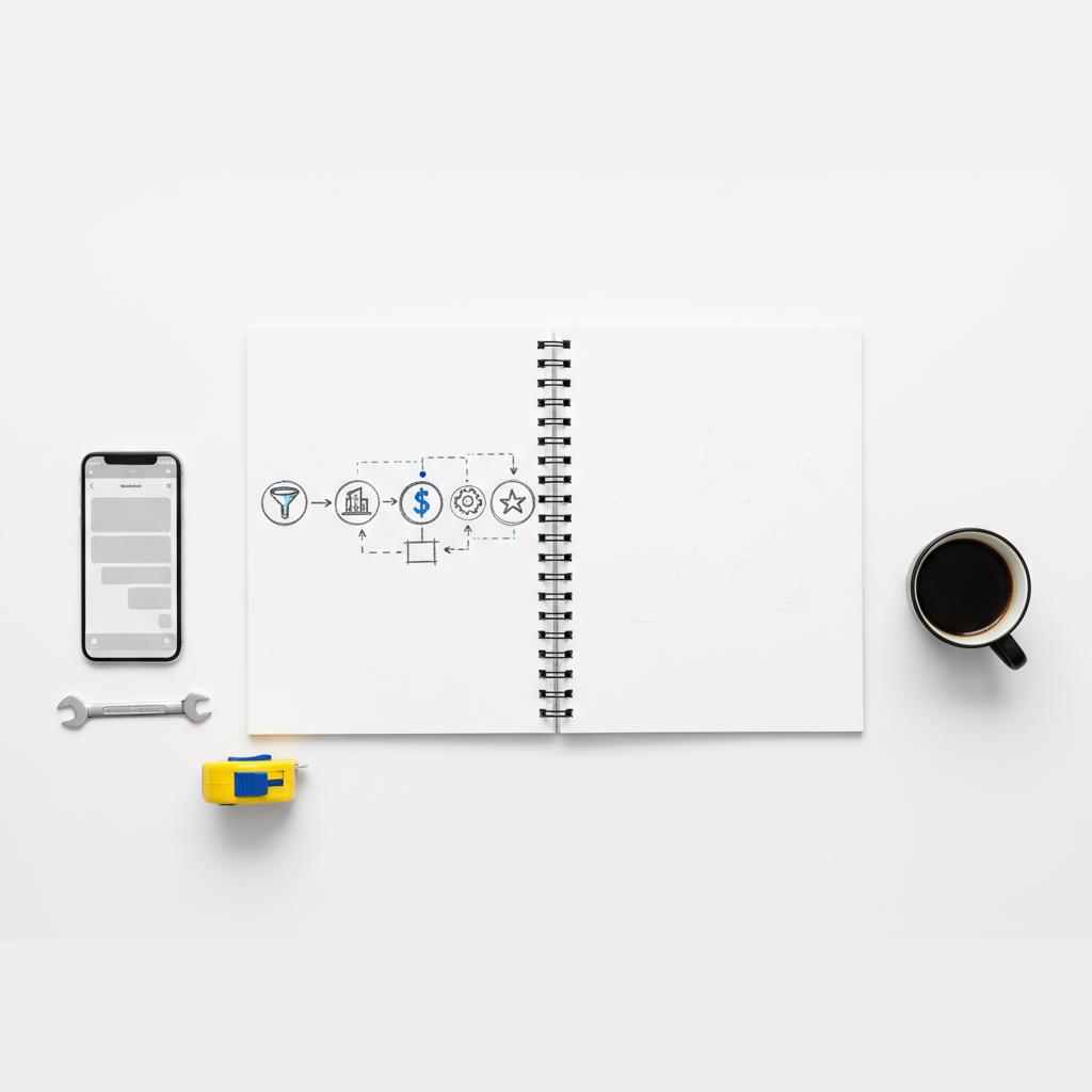 Close-up of an open notebook with charcoal customer-journey sketches, smartphone with message-template shapes, tools and coffee on a white desk &mdash; Does Thumbtack charge contractors?