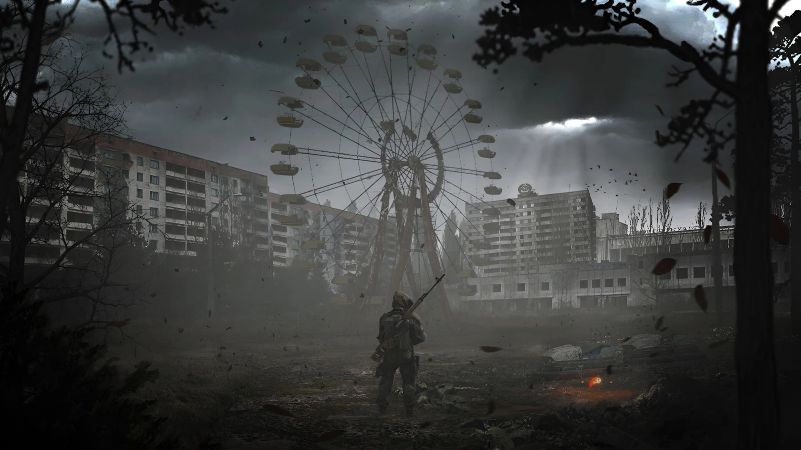 Soldier Stands In Pripyat Ruins - Dark Concept Art 4K Wallpaper (3840x2160)