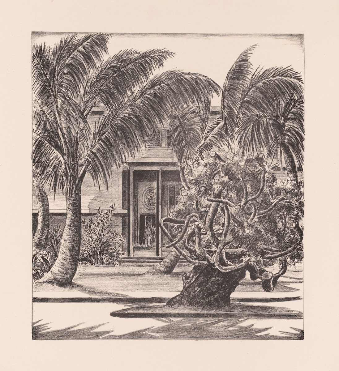 Palm and banyan trees before US military building during World War II