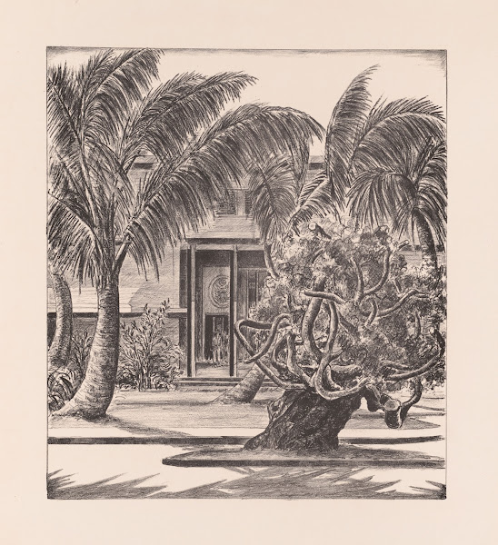 Palm and banyan trees before US military building during World War II