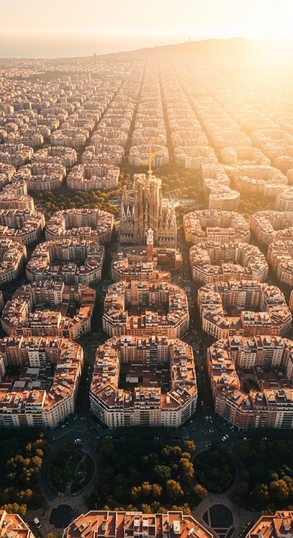 Aerial View of Sagrada Familia in Barcelona's Eixample Grid at Golden Hour
