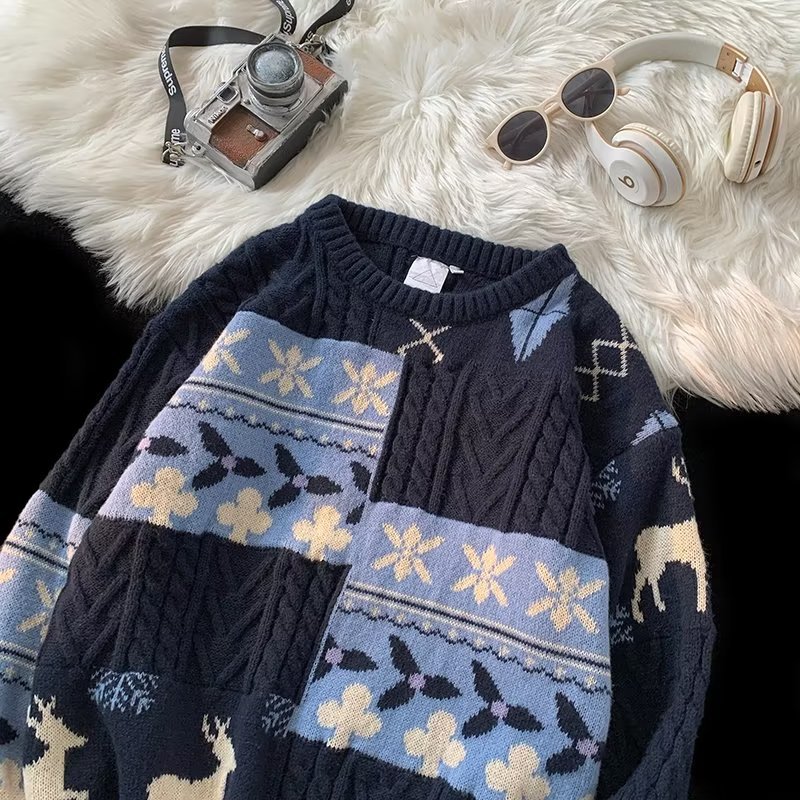 Retro Knit Sweater with Contrast Pattern