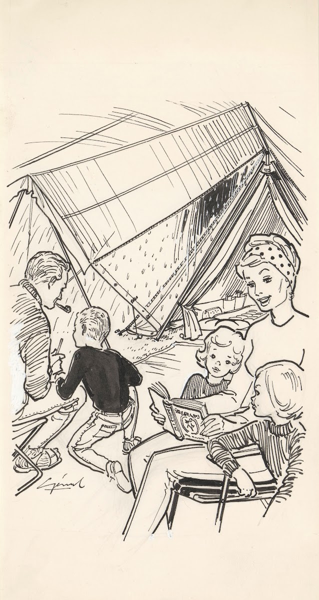 Gezin in een tent op een regenachtige dag 20th century