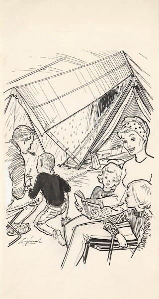 Gezin in een tent op een regenachtige dag 20th century