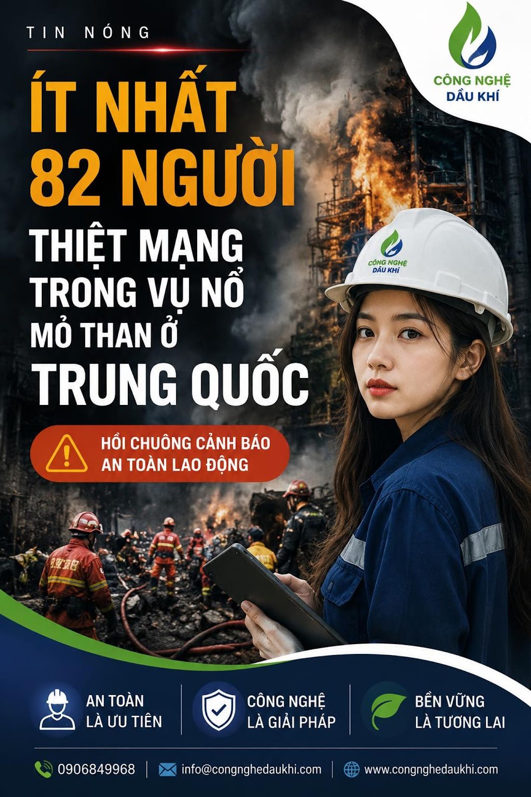 Có thể là hình ảnh về văn bản cho biết 'TIN NÓNG CÔNG NGHỆ DẦU KHÍ CÔNG NGHỆ DAUR DÁUKHI ÍT NHẤT 82 NGƯỜI THIỆT MẠNG TRONG VỤ NỐ MỎ THAN Ở TRUNG QUỐC HỒI CHUÔNG CẢNH BÁO AN TOÀN LAO ĐỘNG AN TOÀN LÀ ƯU LÀƯUTIÊN TIÊN CÔNG NGHỆ LÀ GIẢI PHÁP 0906849968 BỀN VỮNG LA TƯƠNG LÀTƯƠNGLAI LAI info@congnghedaukhi.com www.congnghedaukhi.com'