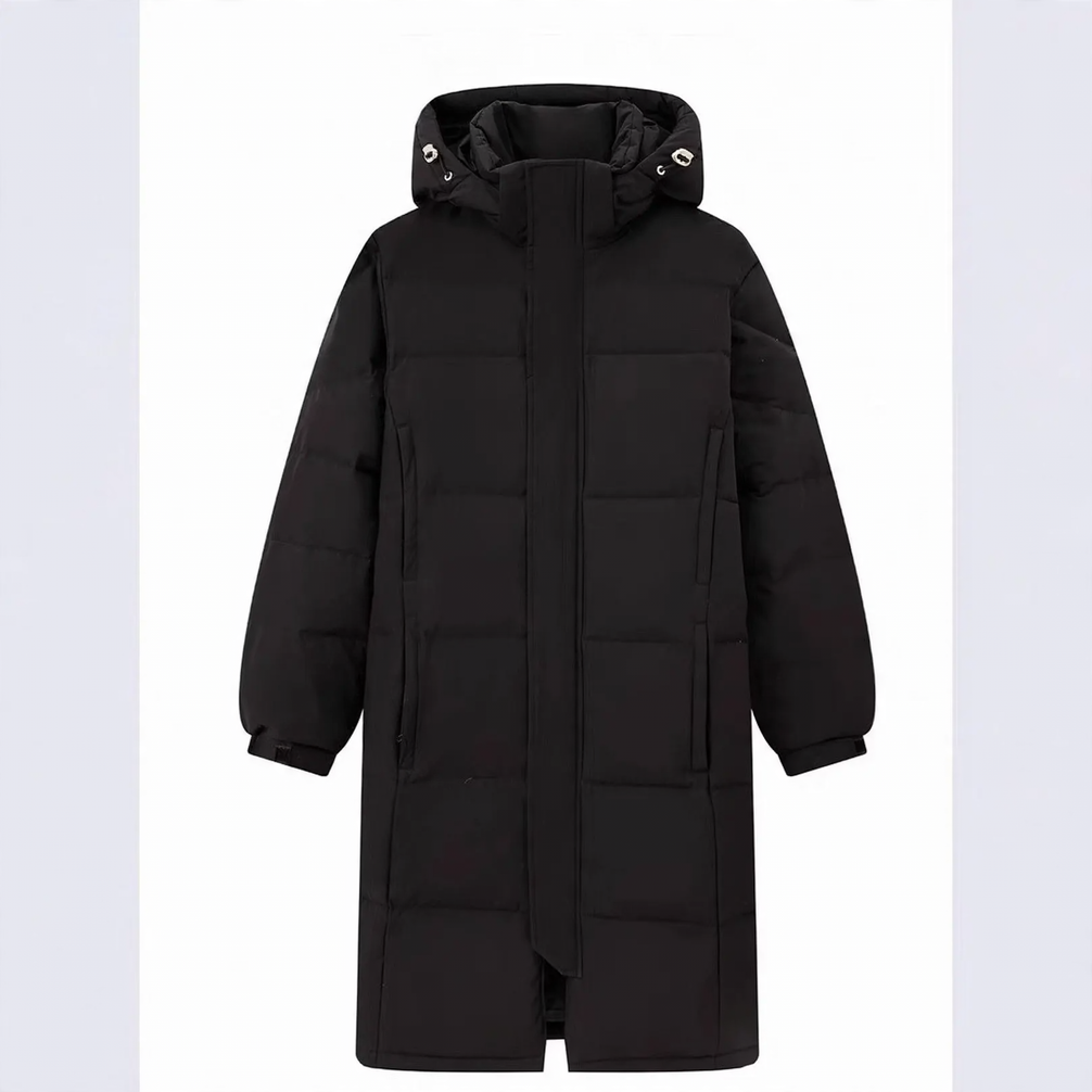 Long women’s down coat, knee-length, lined, for winter
