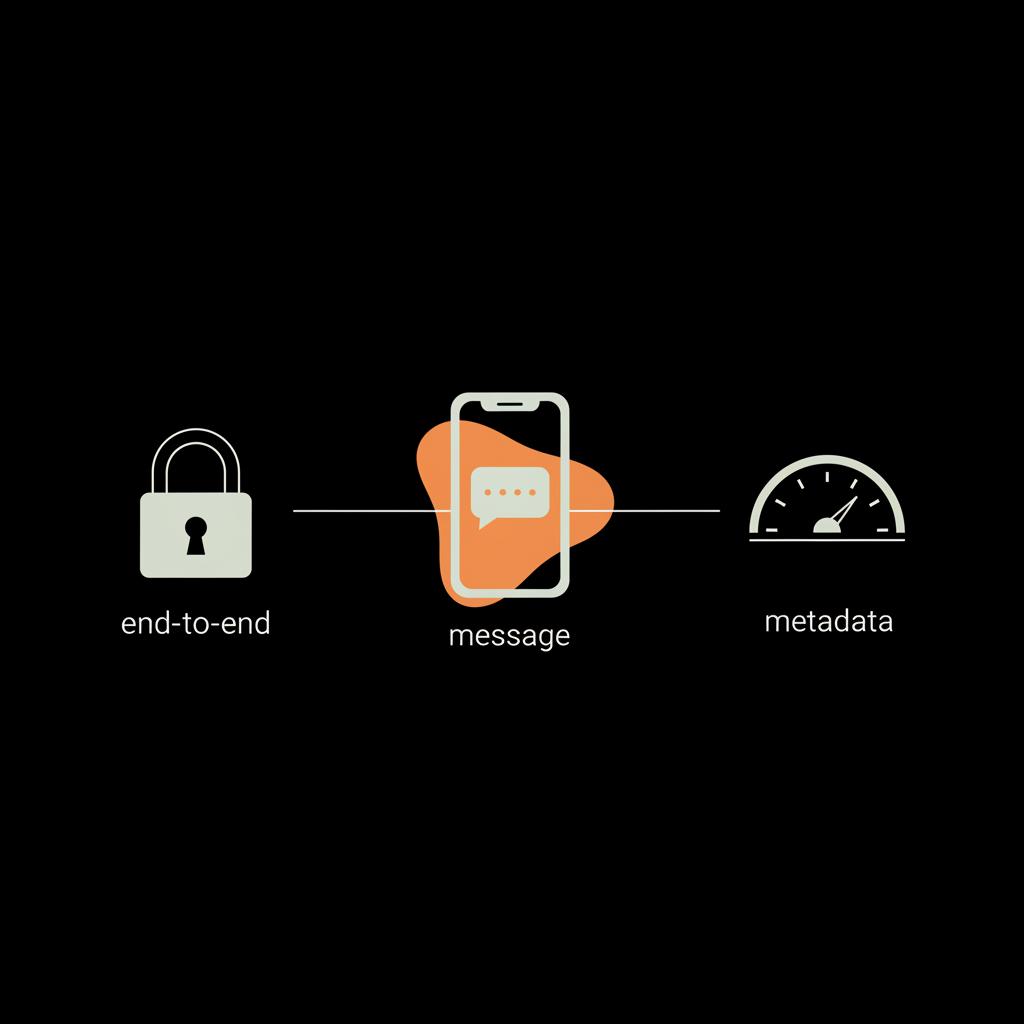 Minimal full-frame infographic showing a lock, smartphone, and metadata gauge illustrating end-to-end encryption comparison for signal vs telegram on black brand background.