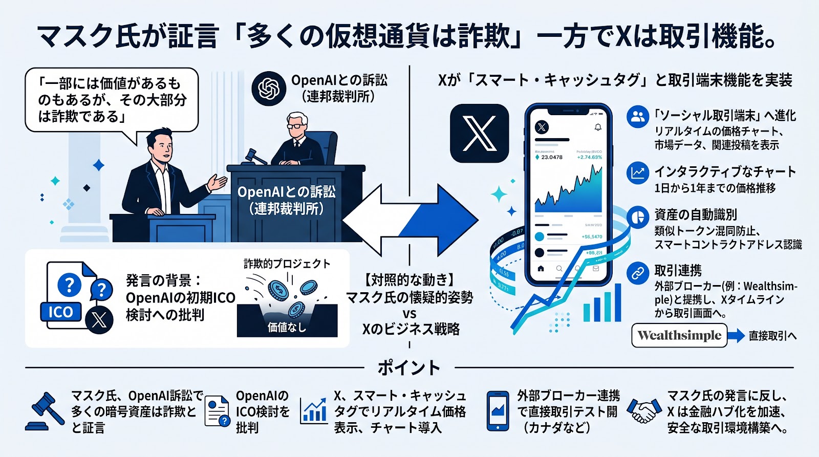 イーロン・マスク氏が「仮想通貨の多くは詐欺」と法廷で発言、一方でXは取引端末機能を実装