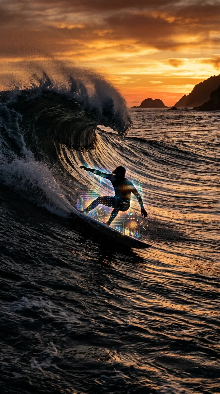 Iridescent Digital Surfer Silhouette Riding Sunset Wave - Free 4K mobile Wallpaper