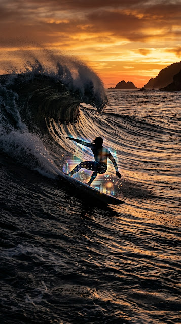 Iridescent Digital Surfer Silhouette Riding Sunset Wave - Free mobile Wallpaper