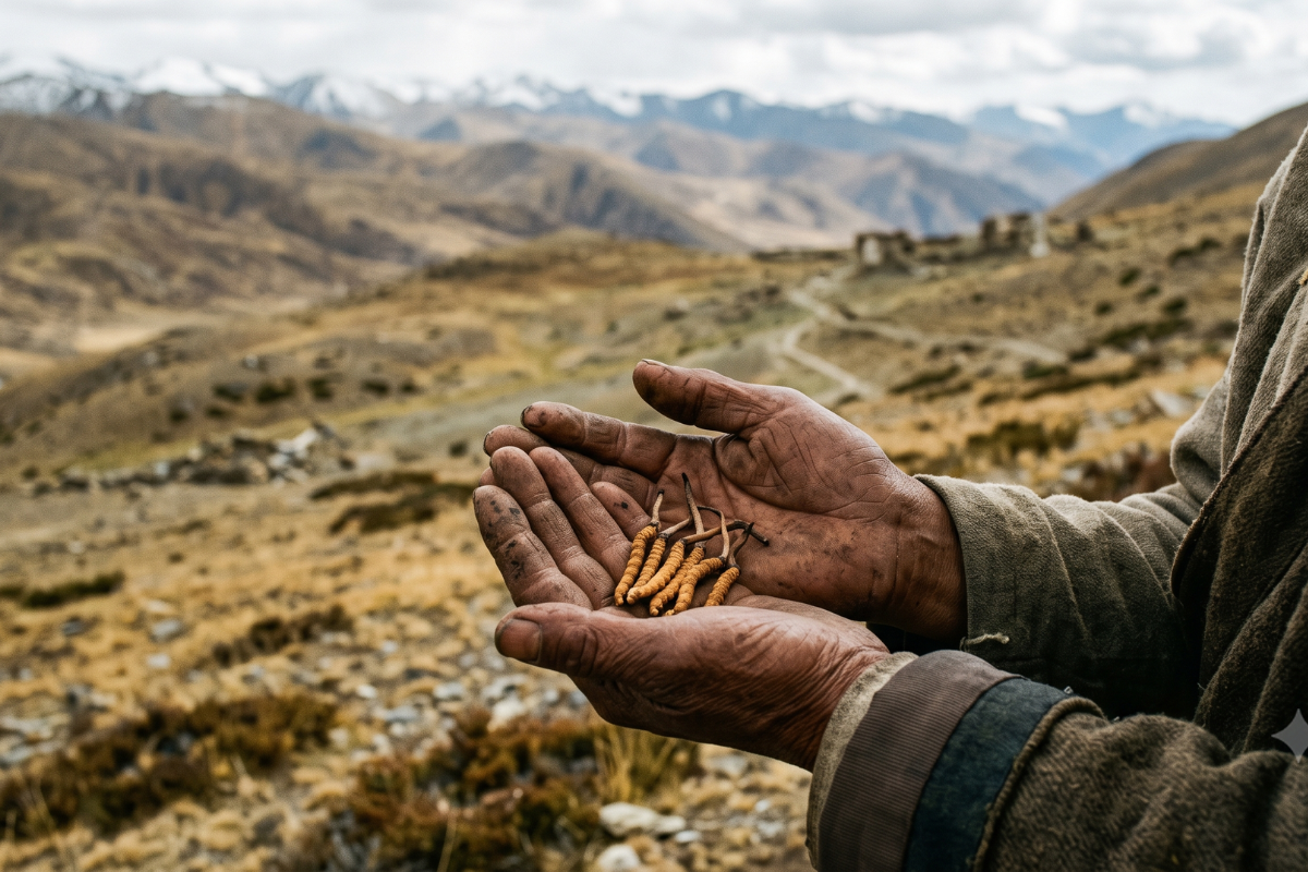 Weathered hands holding wild cordyceps on the Tibetan plateau