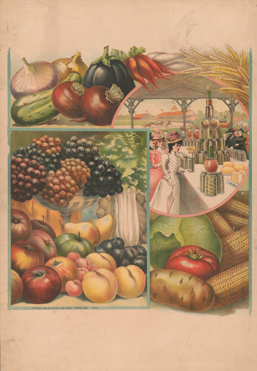 Fruit vegetables and women at the racetrack visiting a food vendor 1900