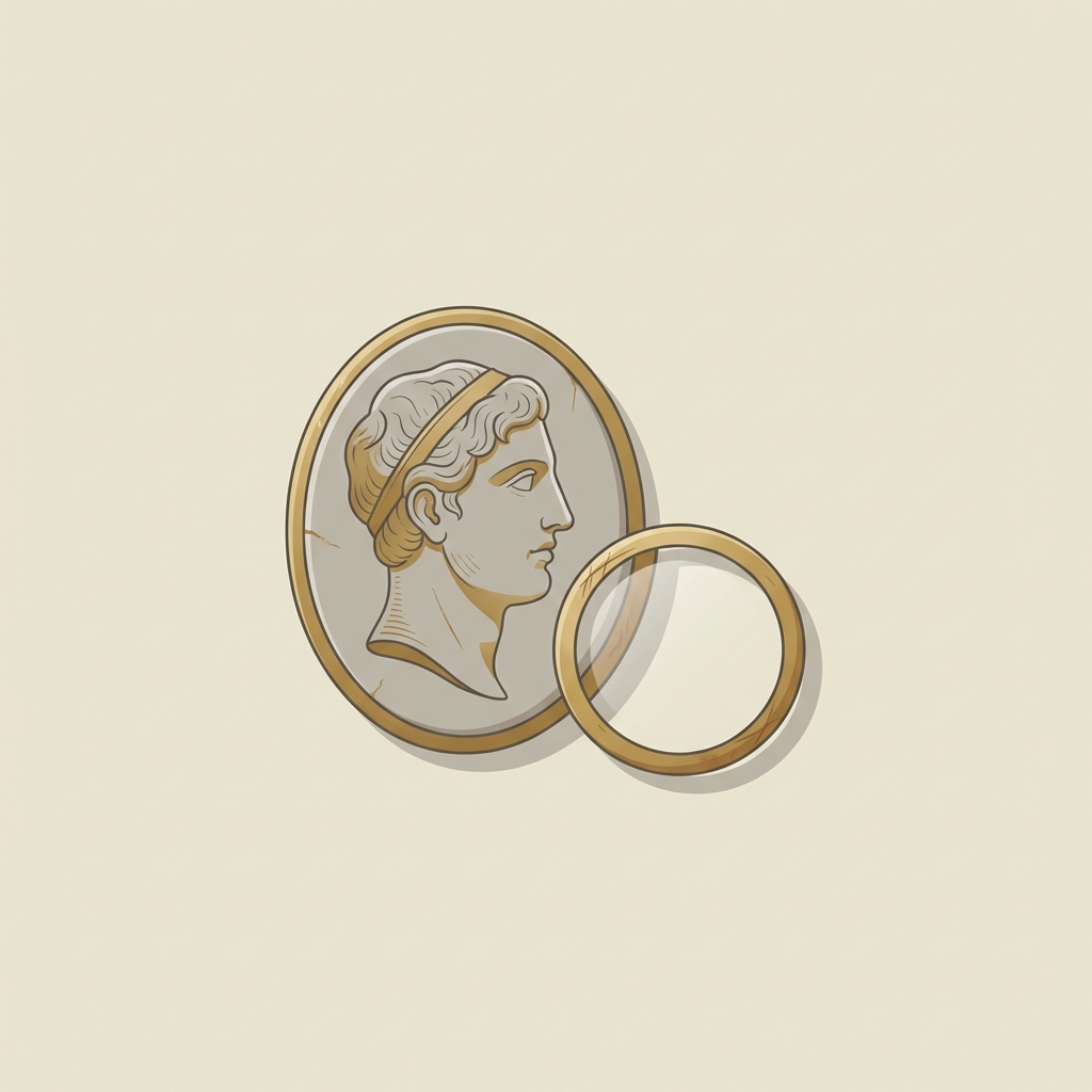 Minimalist vector close up of an engraved intaglio and magnifier revealing edge wear and patina on a small gold ouroboros ring
