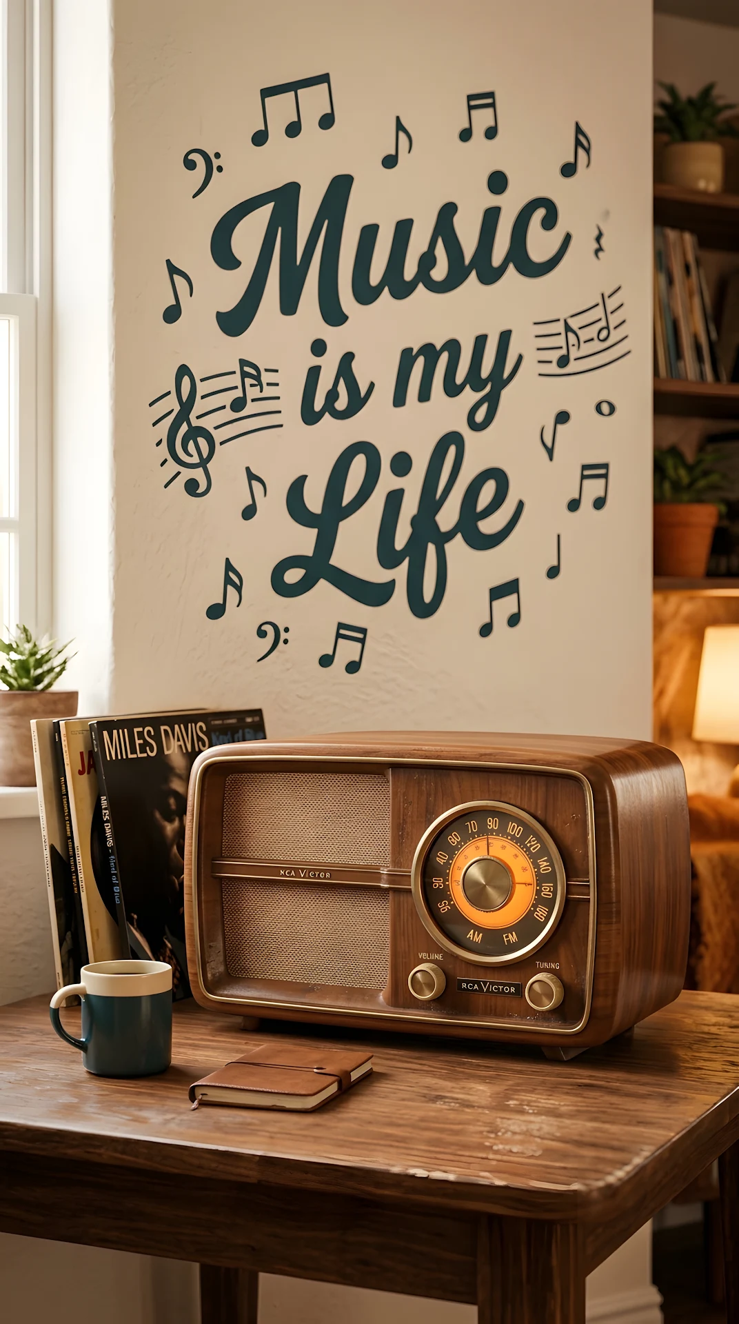 Vintage Radio Graphic with 'Music is my Life' Typography - Free 4K mobile Wallpaper