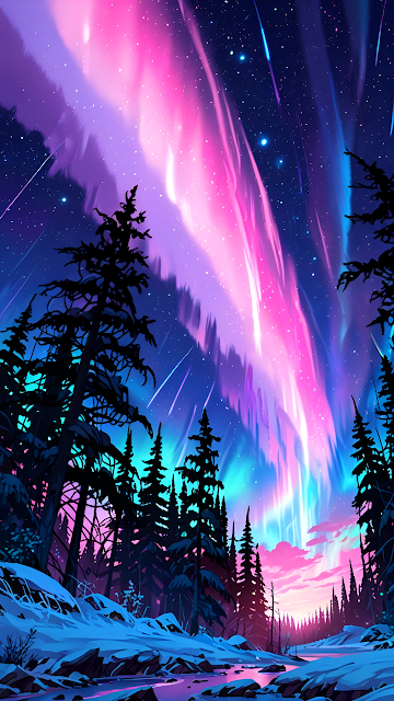 Aurora Borealis Over Snowy Forest at Night - Free mobile Wallpaper