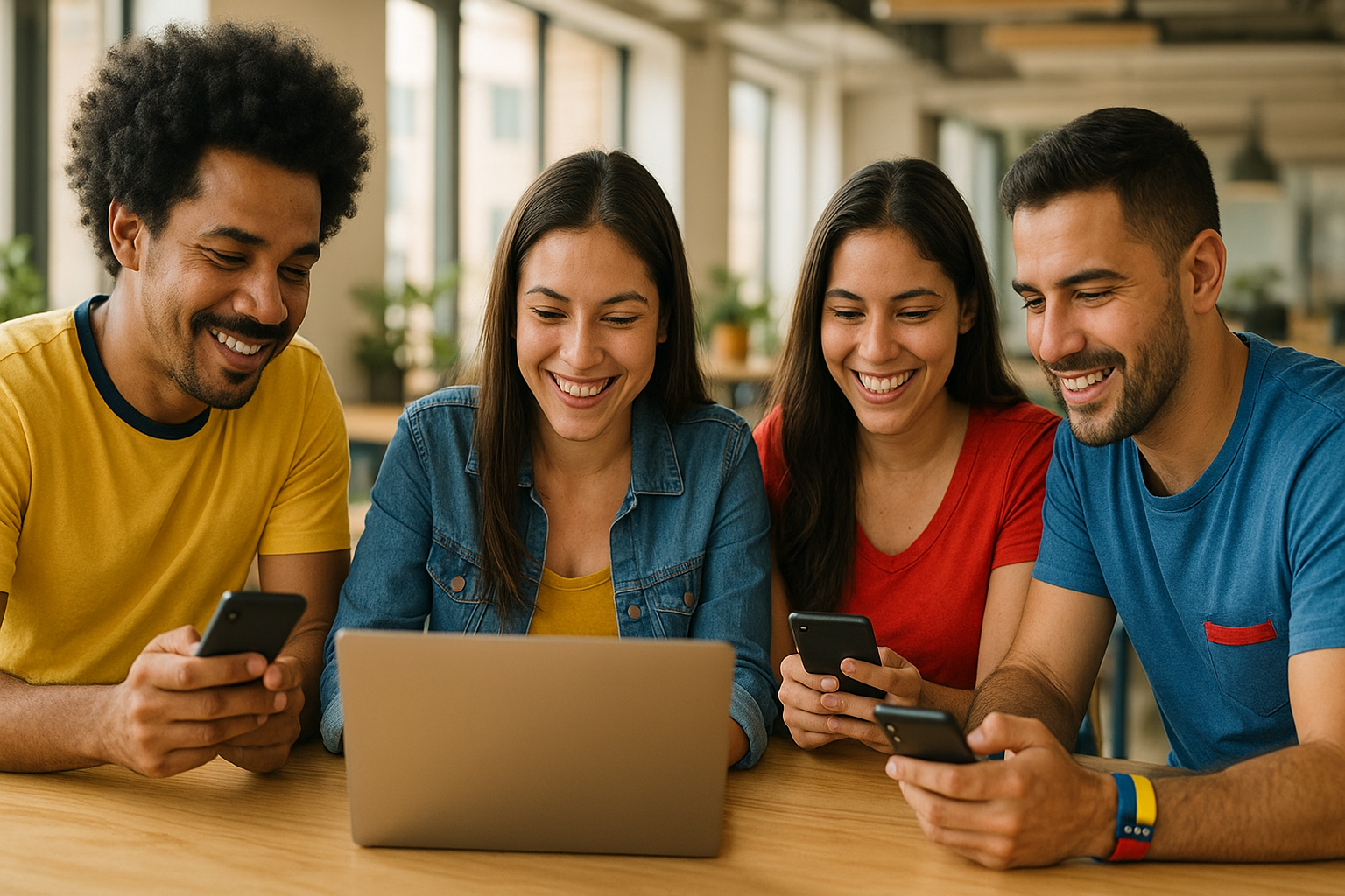 Venezolanos en el exterior colaborando en un espacio de trabajo para buscar empleo