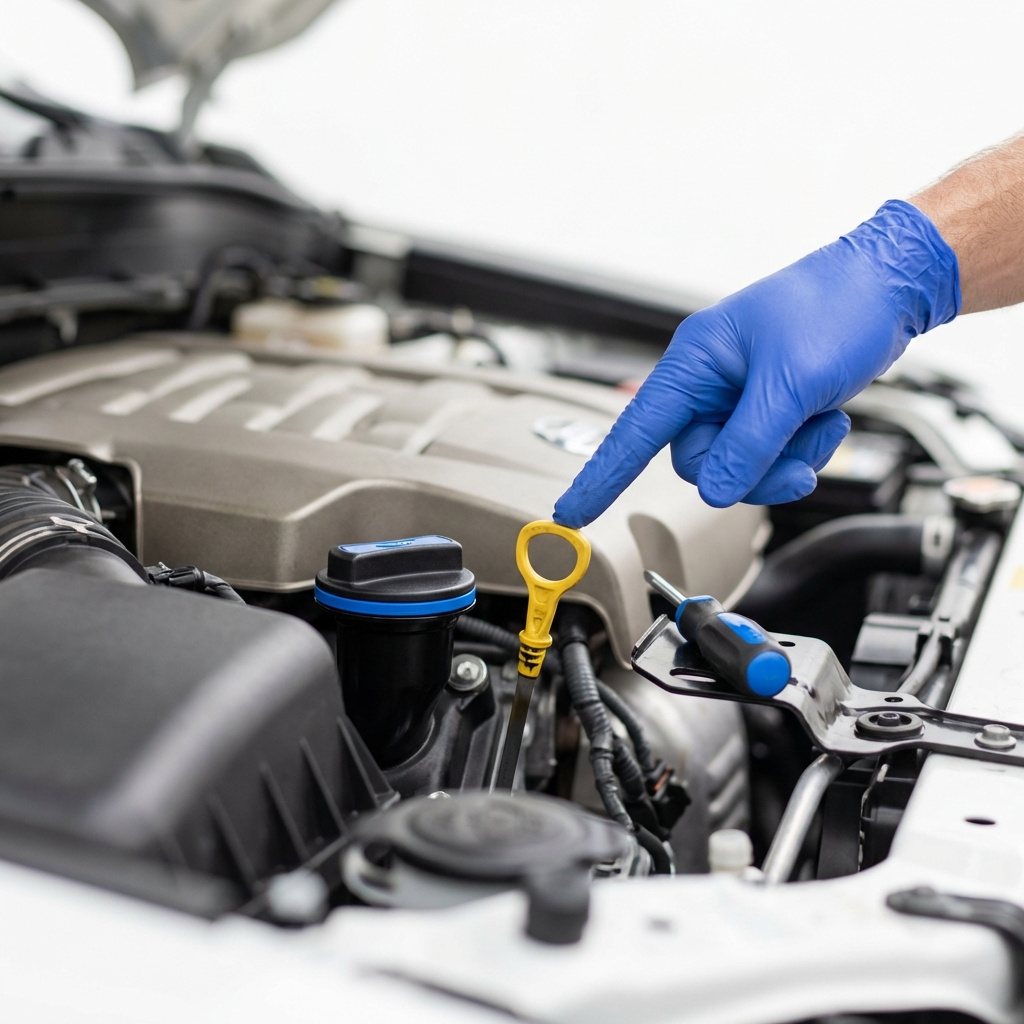 Close up of a mechanic pointing to the oil fill cap and dipstick in a clean truck engine bay performing an oil consumption check toyota tundra used for sale