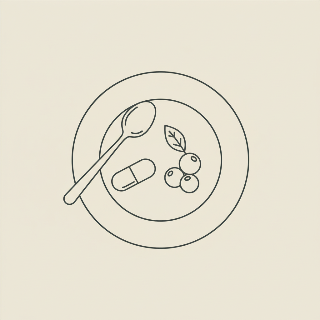 Minimal Tonum-style vector of a plate with a spoon, a single supplement capsule and a small cluster of berries on a beige background, illustrating protein powder for belly fat loss