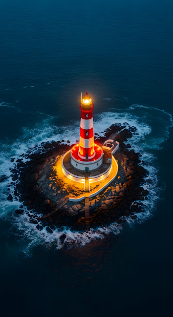 Dramatic Lighthouse Beacon on Rocky Island at Night - Free mobile Wallpaper