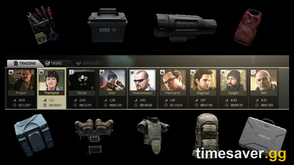 Escape from Tarkov trading menu showing trader tabs and common barter goods — tools, cases, medical items and electronics