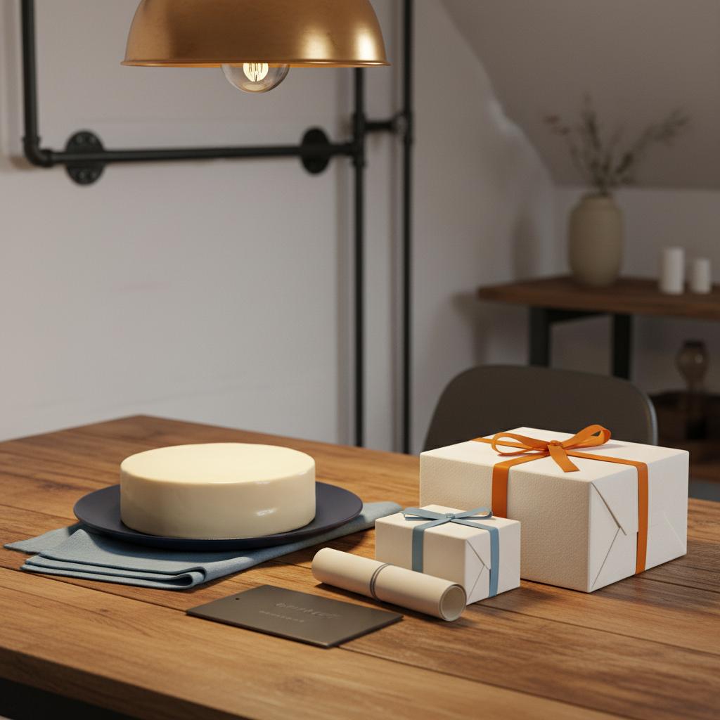 Nahaufnahme eines gedeckten Esstisches mit Geschenkboxen, aufgerolltem Gutschein, Metallplakette und Vanille‑Torte in einer minimalistischen Szene – gutscheine schenken.