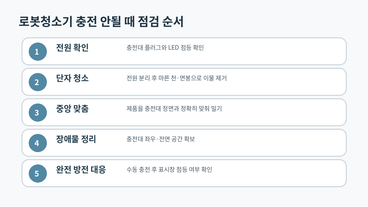 로봇청소기 충전 안됨
발생 시 충전대 전원과 단자, 배치 상태를 확인하는 순서 안내 이미지